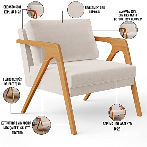 Kit 02 Poltronas Decorativas Para Sala Estar Pietra Estrutura De Madeira L02 Linho Cru - Lyam Decor