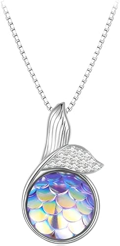 925 Sterling Silver Colorful Mermaid Fishtail Pendant Necklace And Opening Ring Jewelry Set for Women Birthday Jewelry, Blue Zirconia Mermaid Fish