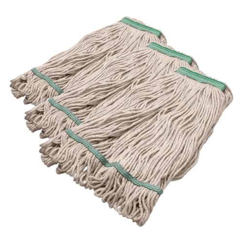 Image of SPARTA Flo-Pac Acrylic Mop Head, Loop-Ended, Narrow Band with 1 inch Green Band for Organized Cleaning, Medium, Natural (Pack of 3)