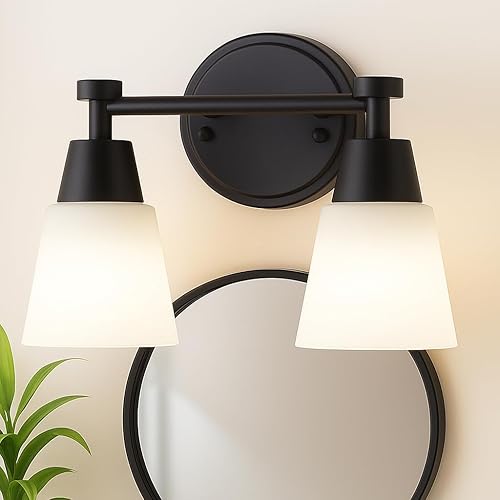 Lámpara de tocador de baño, 2 luces modernas de acero inoxidable negro mate sobre espejo con vidrio esmerilado, apliques de pared para dormitorio,