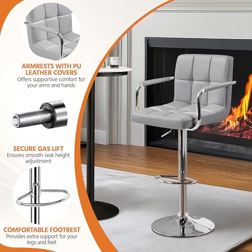 Image of Yaheetech Bar Stools Set of 4, Adjustable Swivel with Backs, Light Gray