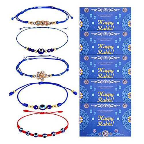 Rakhi for Brothers and Bhabhi 5 Pcs Rakhis Evil Eye Bracelets Gift with Greeting Card Gifts Set Pack Adjustable Woven Bracelet for Indian Raksha Bandhan Bhai Dooj Brother Sister Rakhi Thread (Blue)
