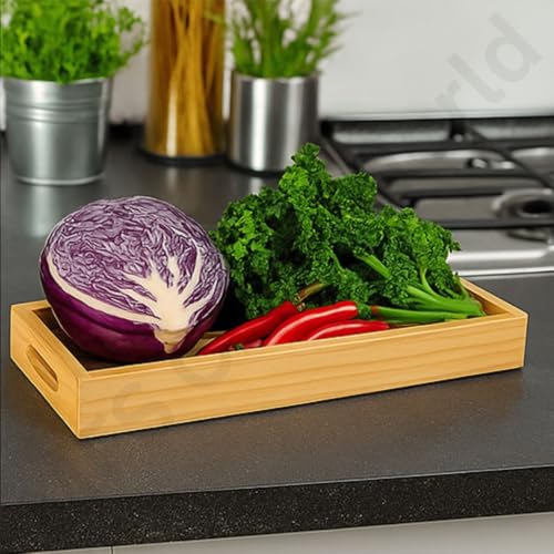 Image of Premium Pine Wood Serving Tray - Rectangular Wooden Tray with Handles for Kitchen, Dining, Coffee Table & Home Decor - Tea Snacks Breakfast Tray (Natural)