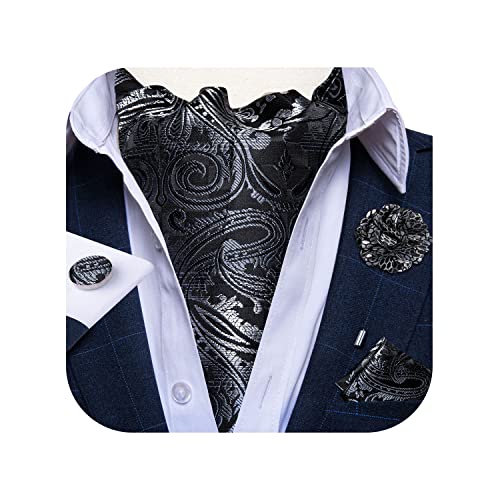 Image of DiBanGu Mens Silk Ascot Ties Paisley Jacquard Woven Cravat and Pocket Square Cufflinks with Lapel Pin for Business Wedding