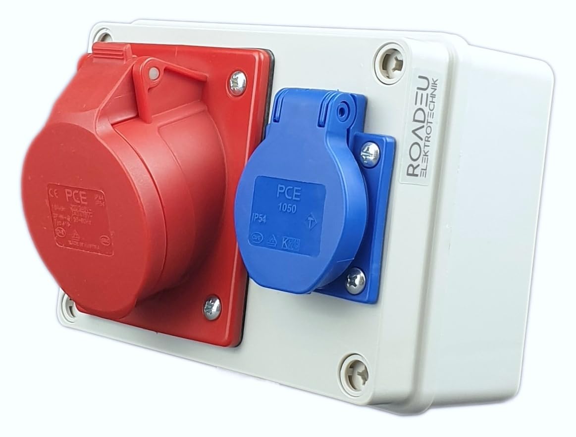 RoadEu - Distribuidor de pared 16A 5P - Enchufe CEE con Schuko 230V - Toma de pared combinada, IP44, totalmente cableado. Ideal para Taller, Cobertizo y Fábricas