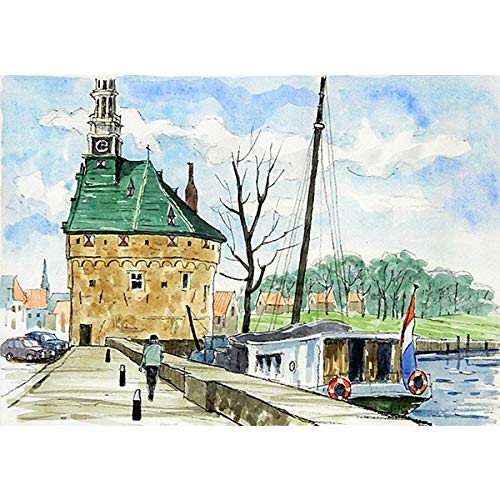 Amazon.co.jp: 安田清一『オランダ ホールン港』リトグラフ+手彩色