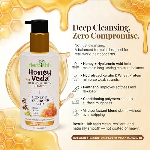 Image of Herbishh Honey Veda Hair Nourishing Shampoo 300ml - Sulphate Free Hydrating Cleanser for Dry & Frizzy Hair, Licorice & Amla, Reetha Protein Honey Shampoo for Women & Men, Paraben Free