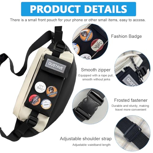 Image of GUSTAVE Waist Bags for Men Women with 4 Badges for decoration and Adjustable Strap, Waterproof Sling Bag Creative Stylish Sport Chest Bag Waist Pack for Hiking Travel Camping Running Sports
