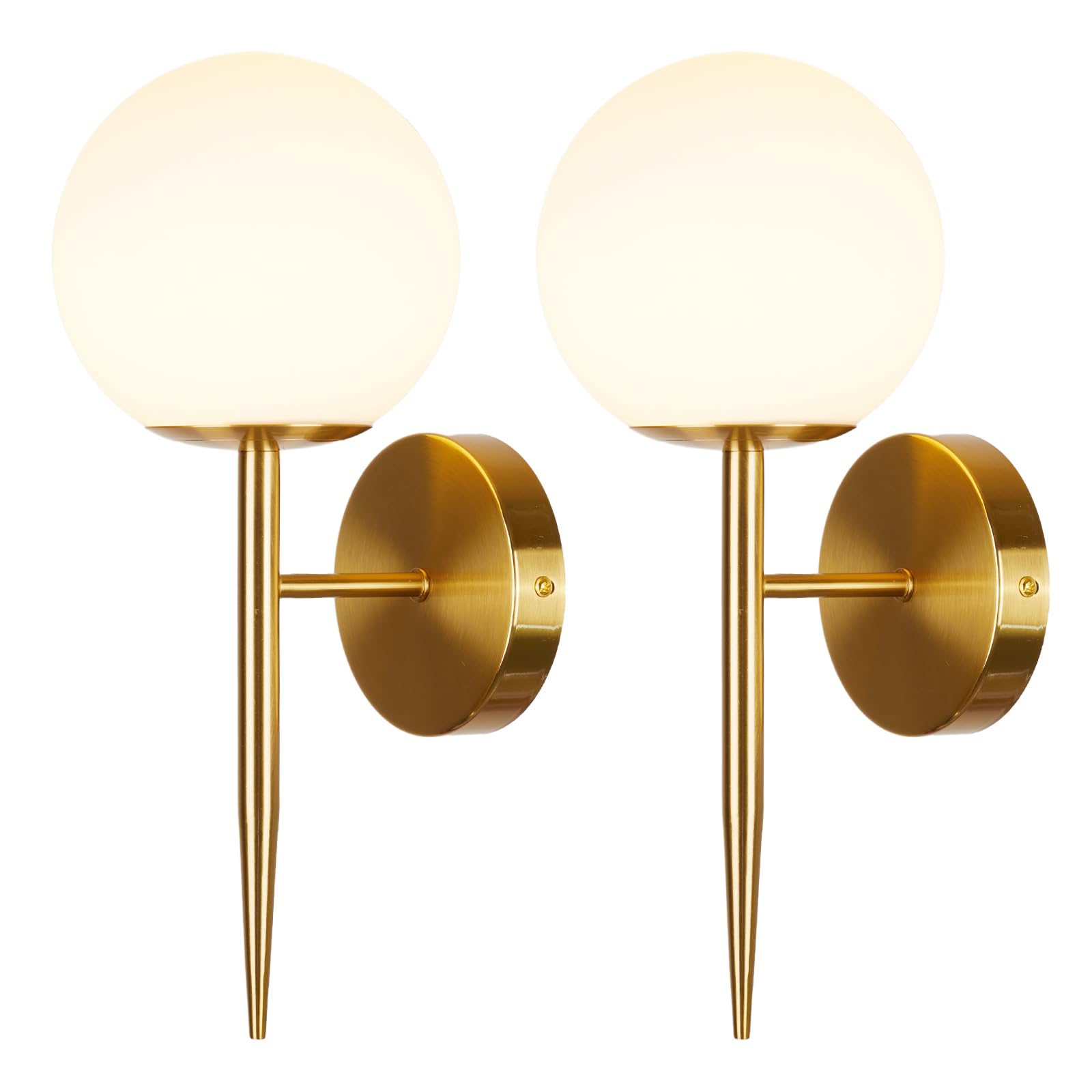 Modern Gold Globe Wall Sconce Decor Set of 2, Industrial Mid Century Bathroom Vanity Wall Light with White Globe Glass Shade Brushed Brass Wall Lamp for Restaurant Living Room Bedside Stairs