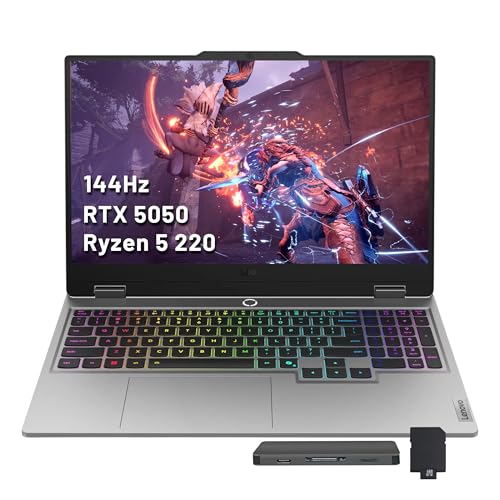 Image of Lenovo LOQ 15.6 inch FHD 144Hz Gaming Laptop, AMD Ryzen 5 220, GeForce RTX 5050 8GB GDDR7, 16GB DDR5, 1.5TB Storage (512GB SSD +1TB Docking Station), Backlit Keyboard, HD Camera, Windows 11 Home, Gray