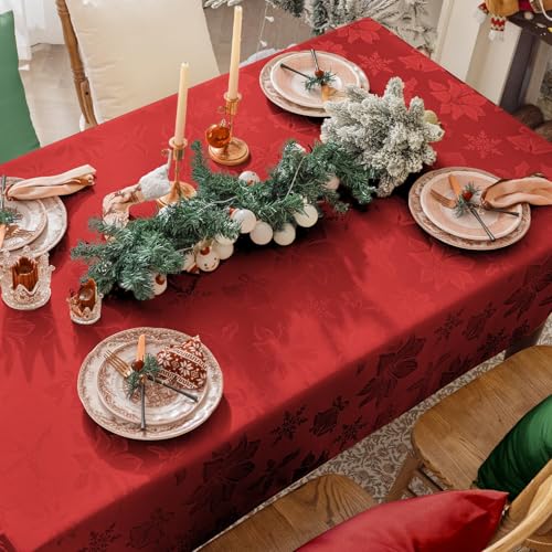 Softalker Christmas Jacquard Tablecloth, Winter Vintage Damask Rectangle Table Cover, Waterproof Poinsettia Snowflakes Polyester Table Cloths Decor for Holiday, Dining, Party - 60 x 84 inch, Red – Image 3
