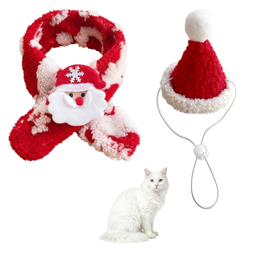 Christmas Cat Hats Costume, Adjustable Pet Santa Hat with Scarf for Small Medium Pet Puppy Cat Christmass Cosplay New Year Party Decor