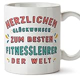 Mugffins Tassen/Becher mit Spruch für FITNESSLEHRER - Auf Deutsch - Glückwunsch du bist der beste - 11 oz / 330 ml - originelles und lustiges Geschenk Mitarbeiter