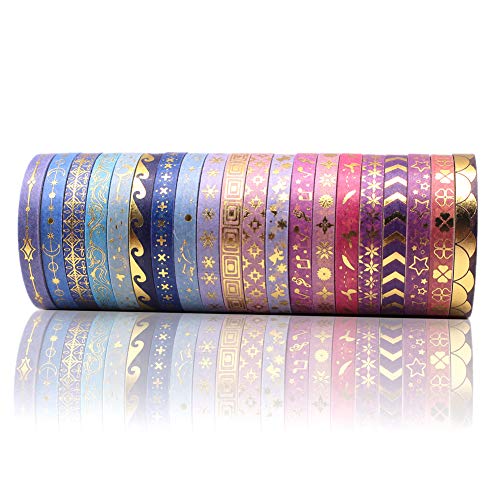 N-E Thin Purple Washi Tape - 20 Rolls 5mm Gold Foiled Skinny Washi Tape Set, Pretty Star Washi Tape for Bullet Journal, Scrapbook, Gift Packaging, DIY Crafts