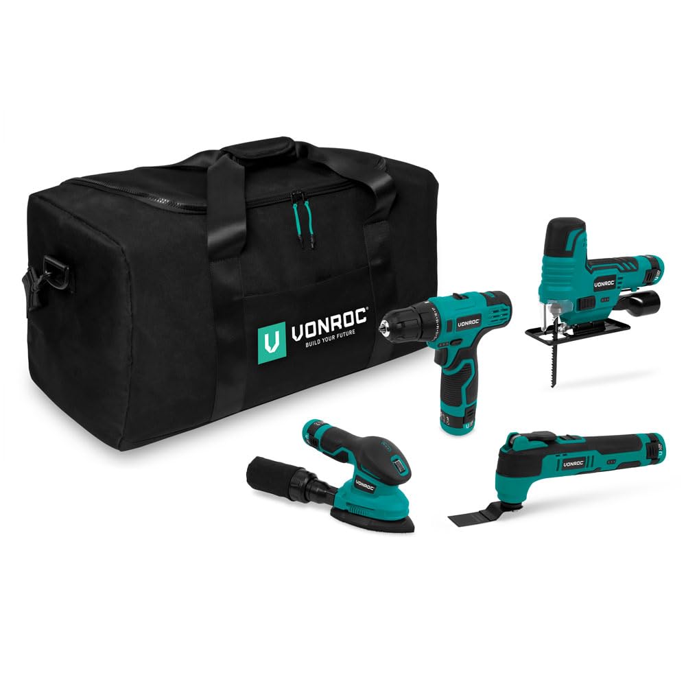 VONROC Zestaw Narzędzi 12V 4w1 – Wiertarko-Wkrętarka, Wyrzynarka, Szlifierka, Multitool, 4x Akumulator, USB-C, Torba, Kompaktowe Elektronarzędzia (12V - 4 urządzenia)