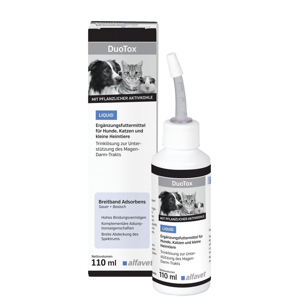 alfavet DuoTox Liquid Complément alimentaire aigu au charbon végétal et à la bentonite, pour soutenir le tractus gastro-intestinal chez les chiens, chats, petits animaux de compagnie, avec embout
