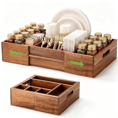 Mifoci Large Expandable Acacia Wood Utensil Holder for Party Paper Plate Organizer for Countertop Silverware Caddy with 6 Compartments for Plate Spoon Napkin Cup Spoon Holder Kitchen Camping Buffet