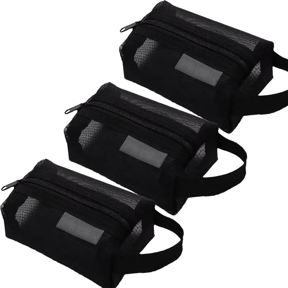 soputry Portable Square Mesh Storage Bag, Mesh Makeup Bag with Zipper Cosmetic Bag, Small Square Coin Purse Portable Toiletry Bag (3Pcs Black)