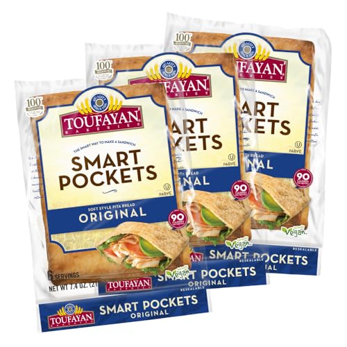 Toufayan Original Smart Pockets Pita Bread | Pre-Cut & Scored Sandwich Pockets | Soft, Vegan, Kosher (3 Packs, 18 Total)