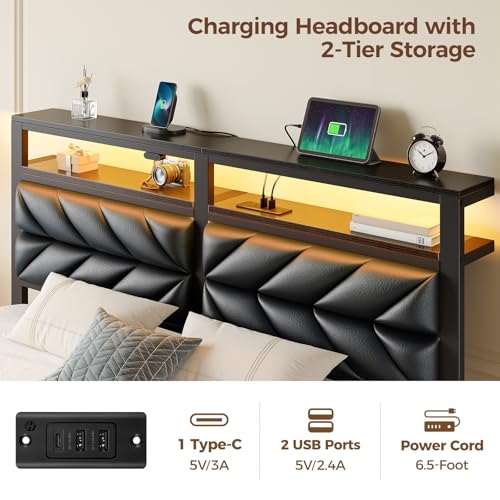 Image of Seventable Full Size Bed Frame with Charging Station & LED Lights, Upholstered Headboard with 2-Tier Storage Shelves, Metal Platform with Under Bed Storage, No Box Spring Needed, Easy Assembly, Black