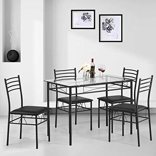 kealive Dining Table Set with 4 Chairs Tempered Glass Top Kitchen Table Set