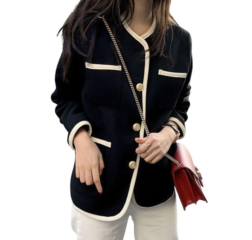 chouyatou Womens Fall Elegant Business Casual Tweed Blazer Jacket Dressy Collarless Open Front Suit Top