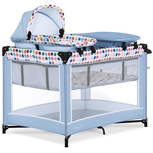 Image of Dream On Me Lilly Deluxe-Playard in Spring Grey with Full Bassinet, Changing Tray and Infant Bassinet | with Canopy | Waterproof Fabric | JPMA Certified | Lightweight