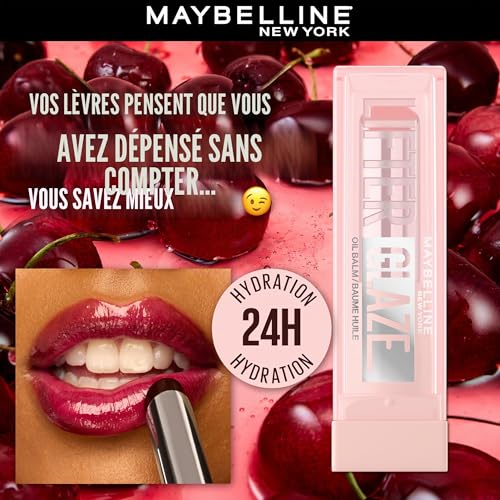Maybelline New York - Baume Huile Hydratant - Lèvres Lissées et Brillantes - Effet Laqué - Enrichi en Acide Hyaluronique et Extrait de Cerises - Lifter Glaze - Teinte : 004 Cherry Swirl