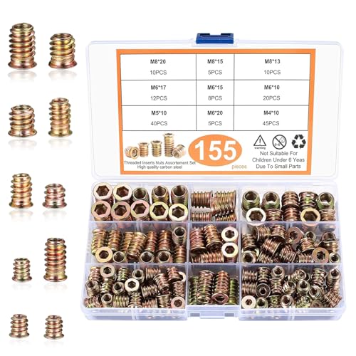 Threaded Inserts for Wood, 155 PCS Insert Nuts M4 M5 M6 M8 Hex Drive Head Nut Zinc Alloy Hex Socket Drive for Wood Furniture DIY Project