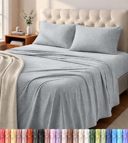 Jersey Knit Full Sheets Set 4 Piece Cotton Jersey Sheets Ultra Soft T-Shirt Feel Breathable & Stretchy Bed Sheet Set Heather Light Grey