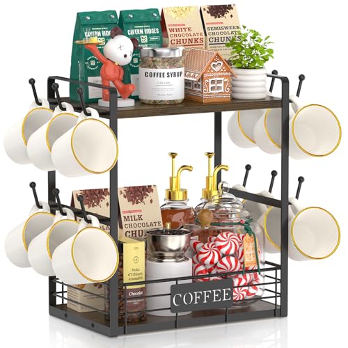 EsLuker.ly 2 Tier Coffee Bar Organizer Countertop Station Rack for Kitchen, Multi-Functional Coffee Mug Holder Display Stand, Accessory Storage Shelf with 12 Hooks, Brown-Black