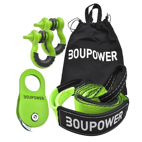 Off Road Winch Recovery Kit, 10 Ton Heavy Duty Snatch Block Pulley with 3" x8' Tree Saver Strap and 2Pcs 3/4" D Ring Shackles, Winching Accessories for Truck Car SUV ATV Green