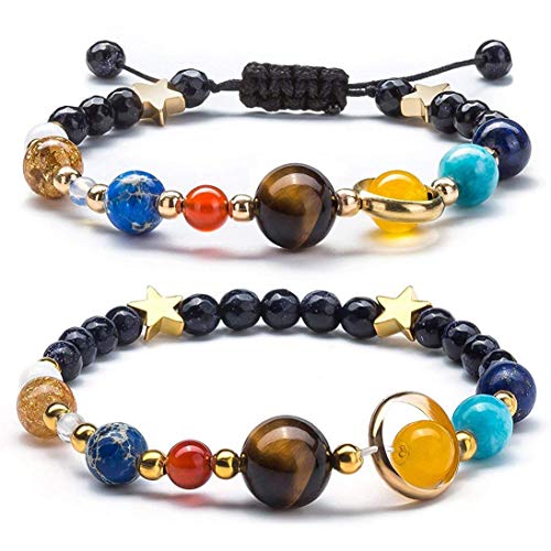 Beauneo Bracelet De Système Solaire pour Femmes Filles Univers Galaxie Les Huit Planètes étoile Gardien Bracelet De Perles en Pierre Naturelle pour Homme,Ensemble De 2 Pcs