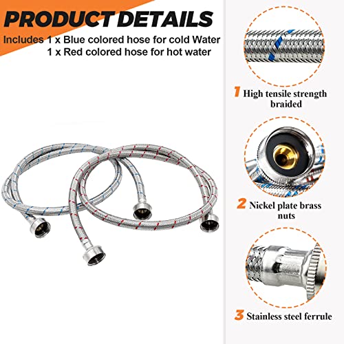 Beaquicy 6-STRAIGHT WASHER HOSES 6 Ft Washer Stainless Steel Hoses Braided Stainless Steel Water Supply Line thumb #1