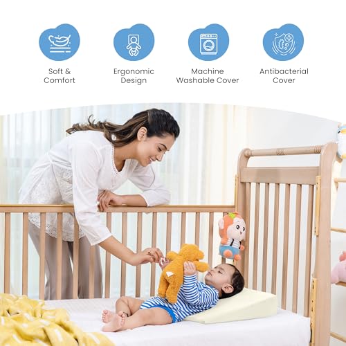 Image of Cherilo Half Size Elevated Wedge Pillow for Baby Crib & Mattress, Helps to Elevate Baby for Acid Reflux, Colic, GERD, Heat Burn & Vomiting | 19 inch x 13.5 inch x 3 inch | - with Removable Velvet Cover - Cream