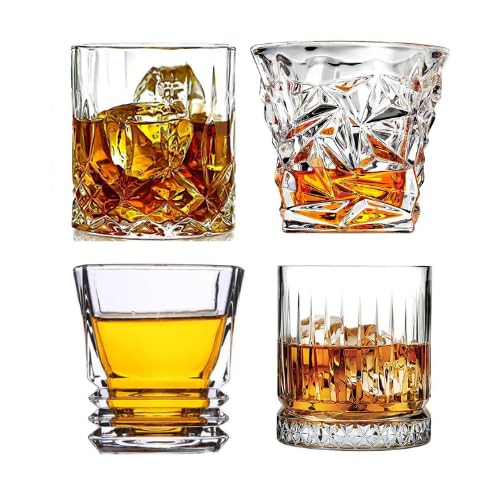 PATRANI FASHION Crystal Whiskey Glass 300 ML, Set of 4 Different Shape with Bottom Rocks Barware Set Diamond Glass Scotch, Bornbon, Brandy Glasses and Cocktail Drinks for Wine, Whiskey, Beer Glasses