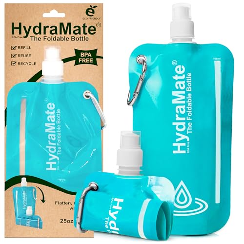 HydraMate Borraccia Pieghevole - Bottiglia Riutilizzabile 750ml. Arrotolabile, Leggera, Morbida, Flessibile, Senza BPA. Da Viaggio, Ricaricabile. Con Moschettone. Aqua