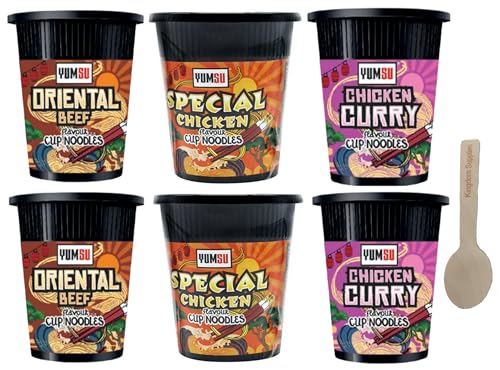 Cup Noodles Selection Pack 3 Varieties 2 of each Flavour. 6 Great, Quick Snacks for On The Go meals. Chicken Curry, Special Chick Oriental Beef with Kingdom Supplies Spoon