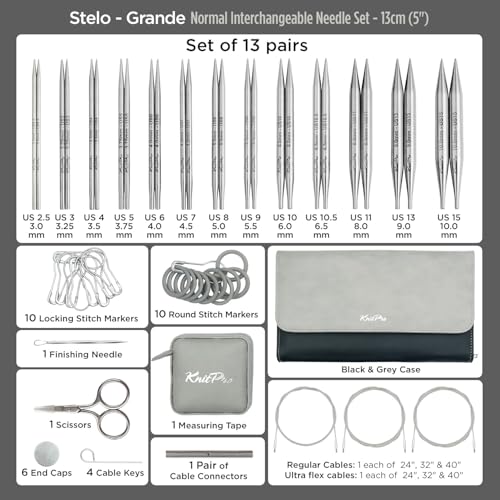 Image of KnitPro Stelo Grande Normal Interchangeable Needle Set 5 inch (13cm) | 13 US Sizes (2.5 to 15)