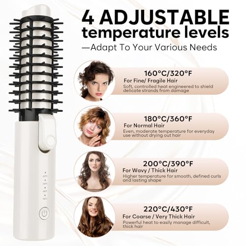 Image of Cordless Curling Iron Brush, Mini Travel Hot Straightener Comb Curl Brush, Rechargeable 4 Temps Cordless Wand Blush with 200 Million Negative Ions for Curls Straightening Styling (White)