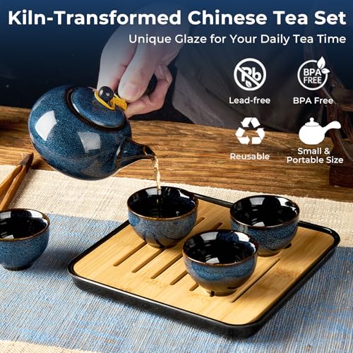 DUJUST Ensemble de thé Gongfu Chinois, Porcelaine à glaçure, 1 théière, 4 Tasses et Plateau, Portable avec Sac pour Voyage, Cadeaux, extérieur, Bleu foncé – vue 2