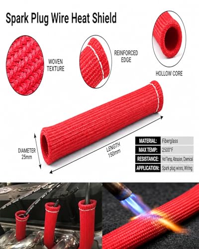 Image of Spark Plug Wire Heat Sleeve - 8 PCS 2500 Spark Plug Wire Heat Shield, 6 Inches Spark Plug Wire Boots Protector Protection Cover Replacement for LS1 / LS2 SBC BBC 350 454 Car Truck, Red