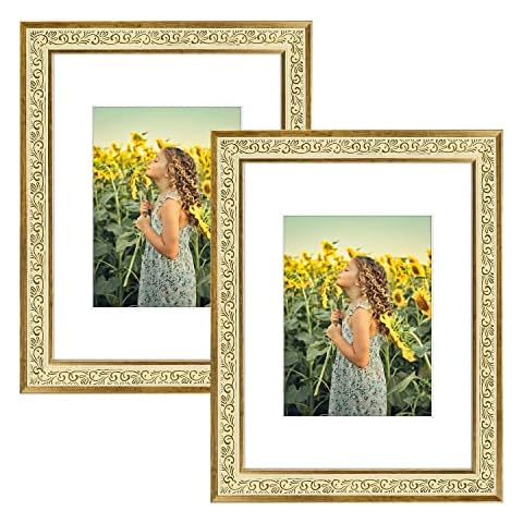 Golden State Art, Set of 2, 9x12 Photo Frame with White Mat for 6x8 Pictures & Real Glass, 1.25-Inch Wide, Antique Gold with Cream Cover