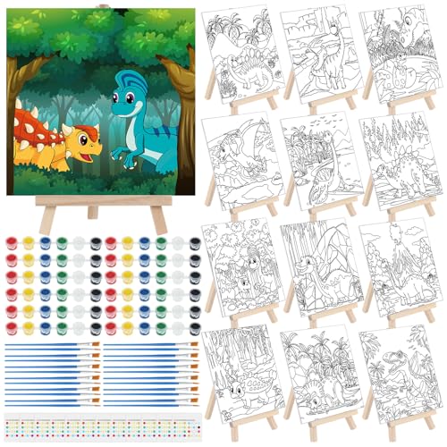 Tenceur 12 Sets Pre Drawn Canvas to Paint Adult Stretched Coloring Painting Canvas Panels with Design Easel and Brushes for Party Supplies Beginner Favor(Dinosaur)