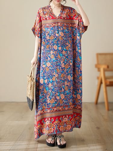 Image of Summer Floral Plus Size Dresses for Women V Neck Casual Loose Dress with Side Pockets