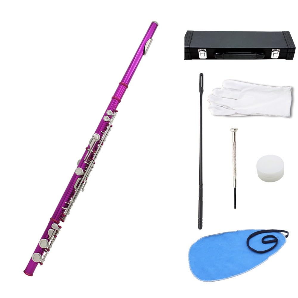 Flauta rígida de 16 orificios de color rojo rosa, llave C, tubo de cobre blanco, orificio de sonido técnico de dibujo en frío, multicolor opcional, adecuado for principiantes, caja de almacenamiento d