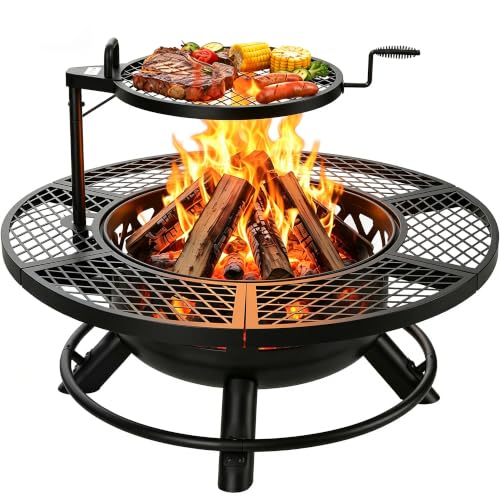 BALI OUTDOORS Fire Pit with Poker, 40 inch Outdoor Fire Pit Patio, Wood Burning Firepits for Outside with Grill