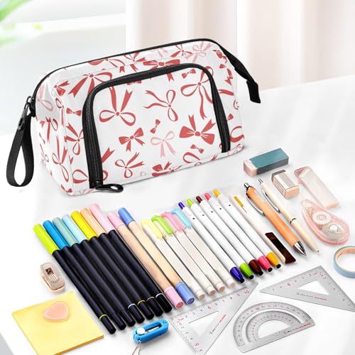Image of Red Bow Pencil Case Pouch Big Capacity Pencil Bag Box Organizer Pen Case with Handle Pencil Cases for Girls Boys Women School College Office