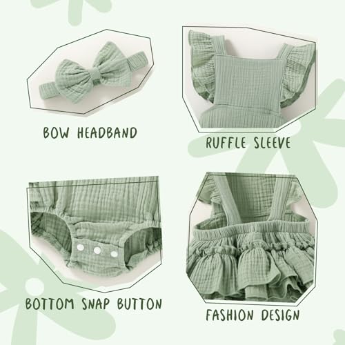 Happy Town Baby Girl Clothes Toddler Summer Linen Romper Sleeveless Ruffle Outfits Infant Girls Jumpsuit with Headband4