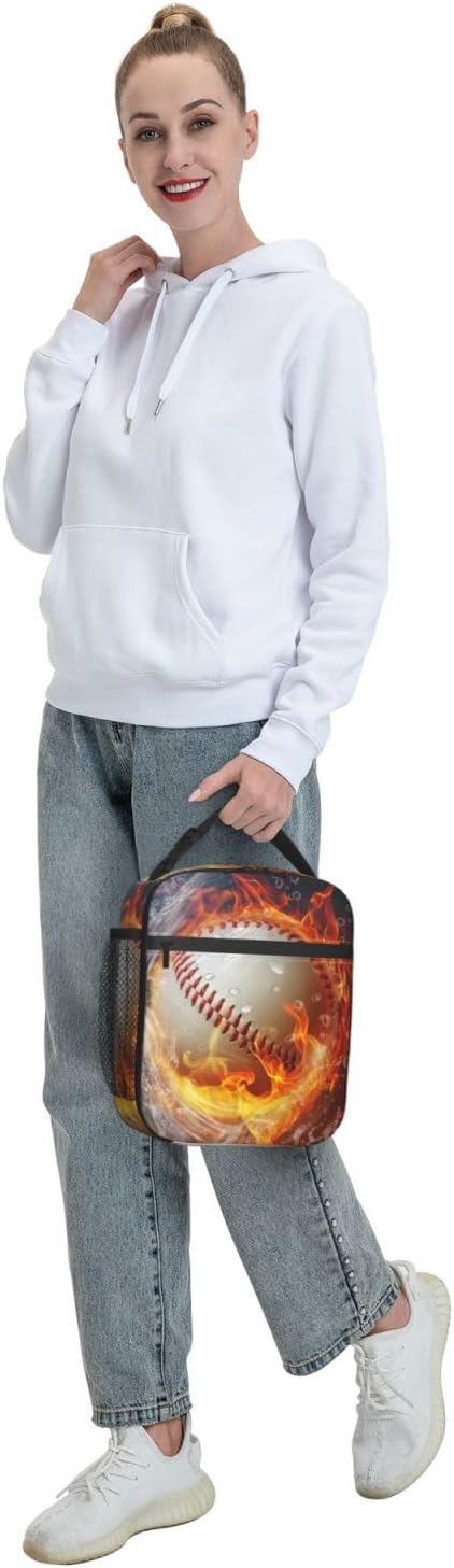 Insulated Lunch Box for Boys Adults Baseball Lunch Box for Work,Picnic,School,Travel,Hiking,Beach or Fishing Polyester Fire Baseball Sport Theme Lunch Bag